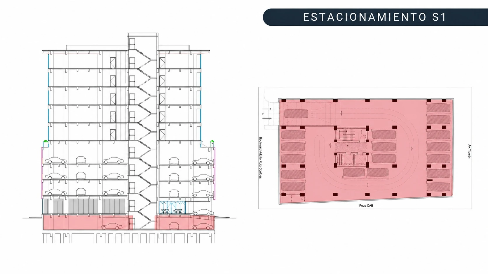 Vista general de los estacionamientos P1–P4 de Torre Auro